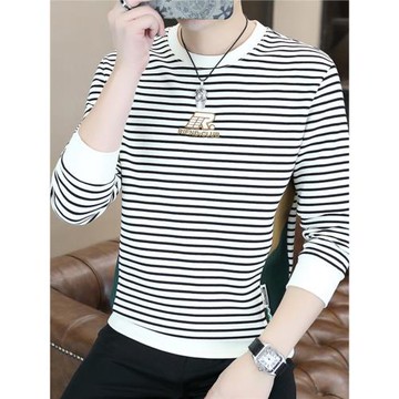 男士長袖t恤休閑百搭條紋打底衫男2024秋季新款圓領衛衣男裝上衣