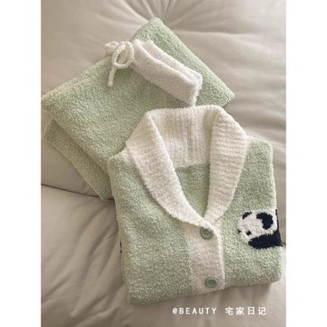 國風熊貓保暖針織長袖睡衣女冬季毛絨加厚2025新款長褲家居服套裝