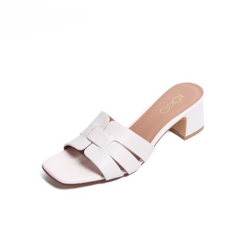 KOKKO優雅質感編織粗跟涼拖鞋白色