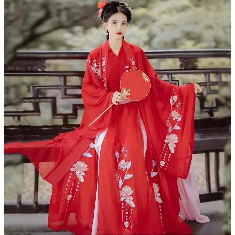赤系刺繍中華風豪華チャイナドレス 漢服 中国古代衣装 中国伝統