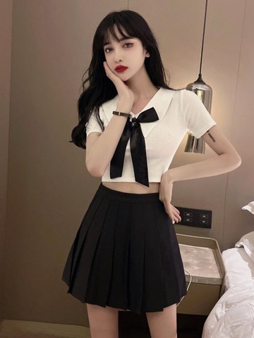 格格家 夏季網紅主播學院風短款露腰上衣+高腰百褶短裙jk制服套裝