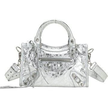 BALENCIAGA 巴黎世家 Le City 金屬感揉製羊皮銀扣手提/斜背機車包(迷你/銀色)