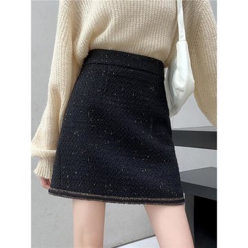 港系小香風黑色粗花呢半身裙女秋冬新款高腰顯瘦遮胯百搭A字短裙