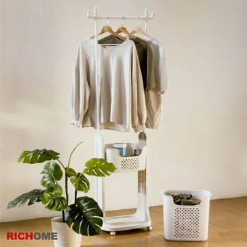 RICHOME 洗衣好幫手衣物架 移動掛衣架晾衣架衣帽架 單桿雙層置物籃洗衣籃 曬衣架 浴室髒衣籃置物架 S8600-2