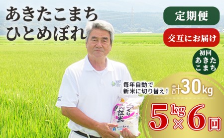 米 定期便 5kg 6ヶ月 令和5年 あきたこまち＆ひとめぼれ 食べ比べ 5kg×6回 計30kg 精米 白米 ※毎年11月より新米