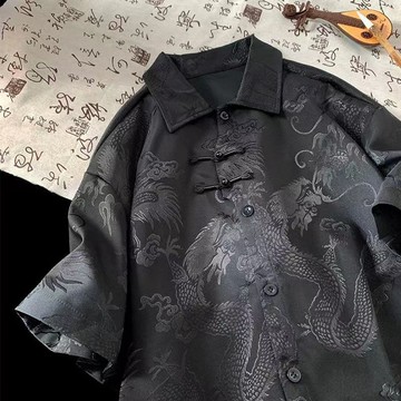 🚀臺灣出貨🚀夏季國潮中式暗紋龍紋立領國風潮牌襯衫唐裝短袖男生襯衣設計外套