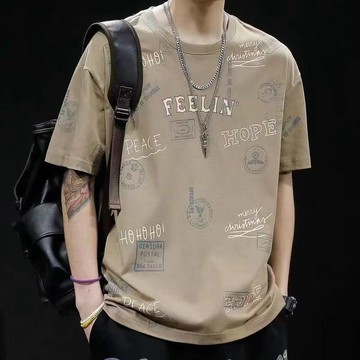 男裝冰絲短袖大碼印花寬鬆胖子ins潮牌加肥加大半袖美式復古體恤夏季