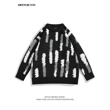 BOYUE帛躍鹿毛絨撞色毛衣國潮秋冬高級感時尚提花炸街針織衫男潮