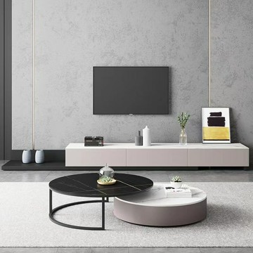 意式極簡巖板圓形茶幾輕奢現代北歐家用大小戶型可伸縮電視柜組合