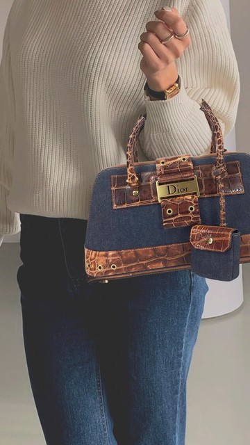 Dior Vintage丹寧鱷魚壓紋拼接手提包 母親節獨家歐洲Vouge專文推