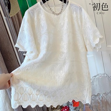 初色 復古風寬鬆純色短袖圓領蕾絲花邊刺繡T恤上衣女上衣-米白色-12628(M-2XL可選)