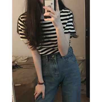 美式復古條紋正肩短袖t恤女夏季設計感小眾chic港味甜辣妹上衣服