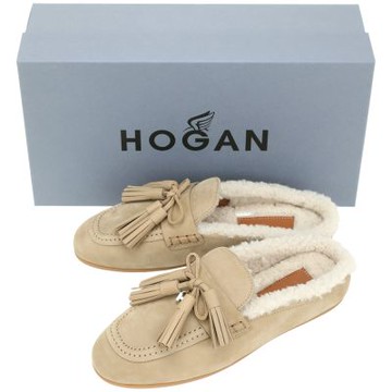 HOGAN Olympia 蝴蝶結流蘇 羊毛襯裡絨毛麂皮穆勒鞋(駝色)