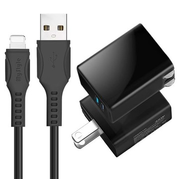 氮化鎵GaN快充器 35W Gan氮化鎵Type-C(PD)+USB快充黑+國際UL認證線 USB to Lightning 快充線-黑1m