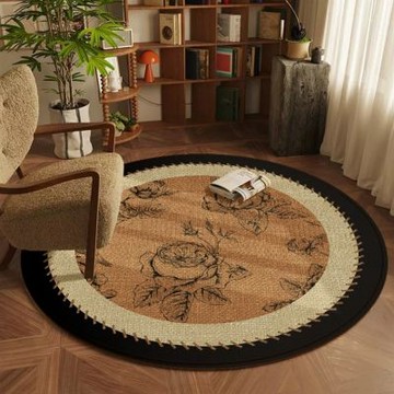 中古風耐臟地墊（120*120CM）高級感沙發茶几墊 輕奢圓形地毯 復古客廳地毯 原木風地毯