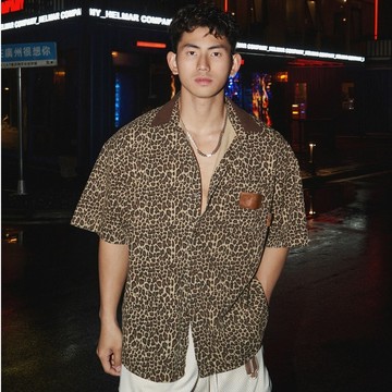 美式 復古 Vintage 豹紋 Polo領  襯衫 短袖 男女 潮牌 炸街  外套男 潮流 痞帥 襯衣男（HC165）