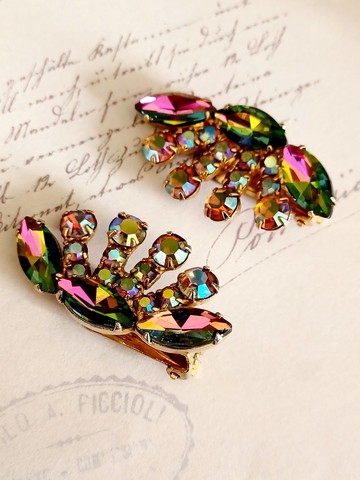 vintage jewelry  絢麗扇形七彩萊茵 夾式耳環