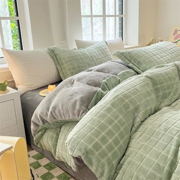 冬季加厚牛奶絨色織方塊加絨四件套床品雙面法蘭絨面被套床單床笠