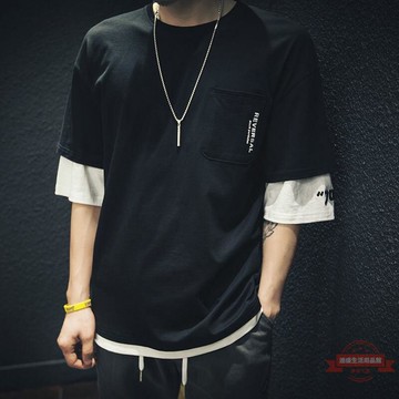短袖t恤男寬鬆潮牌假兩件純棉半袖大碼加肥加大潮流圓領體恤