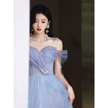 高端晚禮服女高級感輕奢小眾年會成人藝考蓬蓬裙藍色一字肩敬酒服