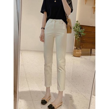 (免運)杏色煙管小直筒牛仔褲女米白色2025年夏天新款高腰夏季薄款八九分