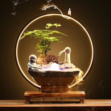 中式招財風水輪客廳辦公室桌面流水擺件裝飾品燈圈加濕器開業送禮