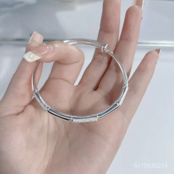🔥限時下殺🔥🔥限時下殺🔥中國風竹節手鐲女純銀光麵磨砂推拉實心足銀鐲子年輕款高級ins潮