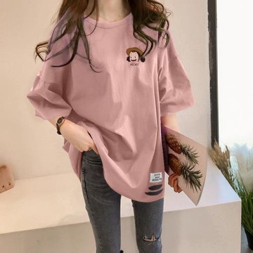 藕粉色2025新款顯白寬松大碼夏季中長款短袖T恤時尚下擺破洞潮流