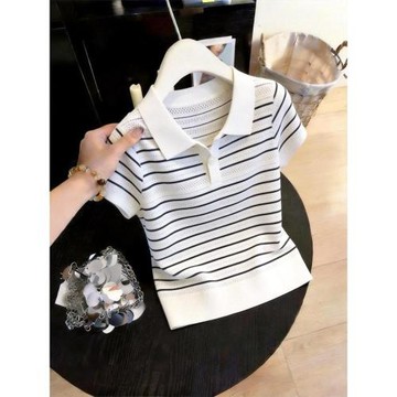 法式條紋POLO領冰絲短袖T恤女2026夏季新款大碼寬松顯瘦鏤空上衣