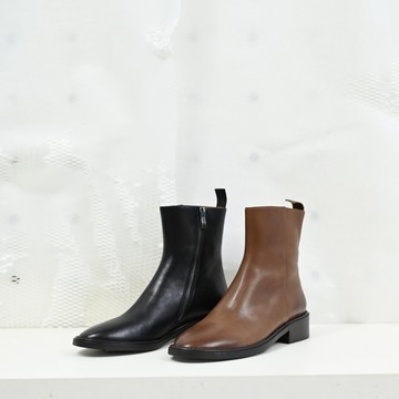 簡約皮質-低跟筒靴-棕色