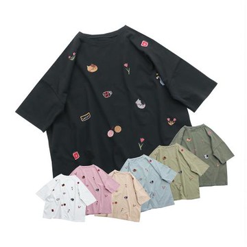 日單T恤新款刺繡圖案純棉上衣文藝短袖女士寬松休閑大碼圓領半袖