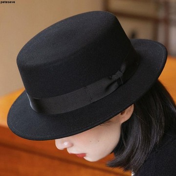 【法式復古】禮帽 女 秋冬 黑色 平頂帽 羊毛氈帽 時尚 百搭 平檐 優雅 帽子 帽子女 法式 羊毛 紅色帽子 夏天帽子