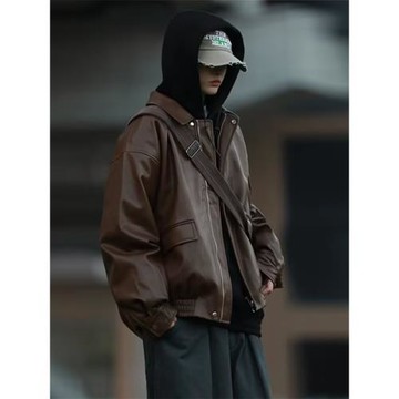 美拉德黑色皮衣外套男女早秋學院風棕色皮衣美式痞帥高級感皮夾克