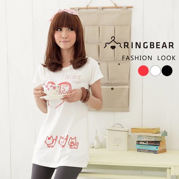 棉T--年輕專屬愛心小貓甜美圓領長版綿T(白 S-XL)-T83眼圈熊中大尺碼