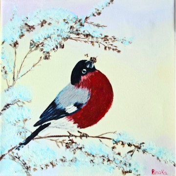 冬季鳥類紅腹灰雀原創藝術油畫 作者 RinaArtSK