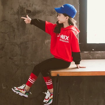 女童套裝年春裝新款撞色長袖運動休閑套裝中大童氣質女孩套裝1入