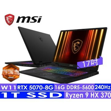 MSI微星 Pulse A17 AI+ C3XWGKG-019TW 17吋 電競筆電(Ryzen 9 HX 370/16G/1T SSD/RTX5070-8G DDR5/Win11)