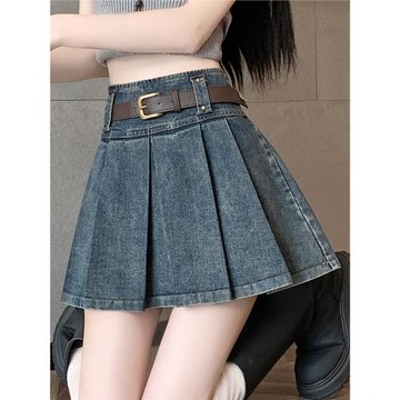 美式復古牛仔短裙女夏季薄款辣妹小個子a字百褶裙高腰顯瘦半身裙