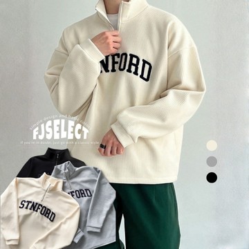［FJ select］STNFORD 毛巾繡小高領 華夫格 衛衣 寬鬆 落肩 長袖上衣 男生長袖 女上衣 情侶