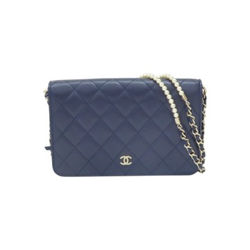 CHANEL 香奈兒 海軍藍羊皮 珍珠鏈 WOC 鍊帶 肩背包 【二手名牌BRAND OFF】