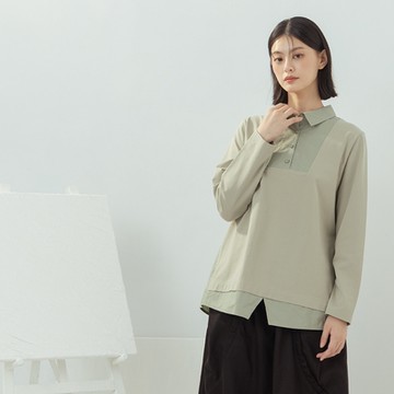 【MOSS CLUB】素色異材質剪接襯衫領半門襟長袖上衣 藍 黑 白 綠 (魅力商品)