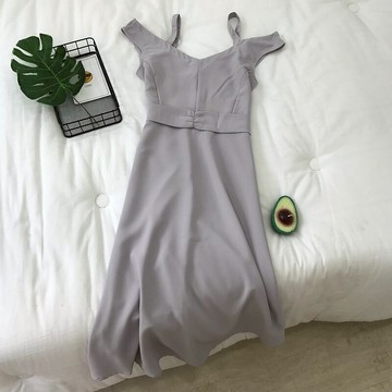 夏季女裝 日系肩帶露肩小露背短袖連衣裙1入