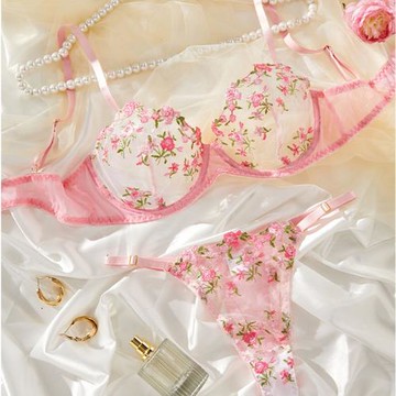 跨境性感內衣誘惑透明三點刺繡超薄杯文胸套裝鋼圈聚攏大胸顯小