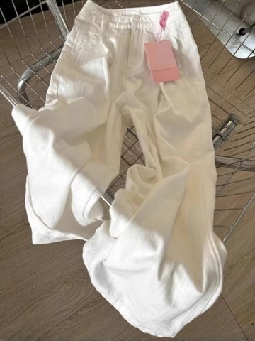 175高個子加長白色褶皺紋理感牛仔褲女設計感寬鬆顯瘦垂感闊腿褲 YC069