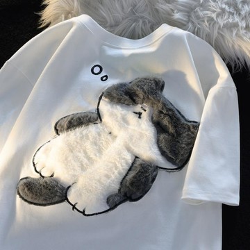 【男裝】臺灣出貨貓咪圖案t恤立體可愛卡通刺繡短袖男女夏小衆設計t恤半袖上衣