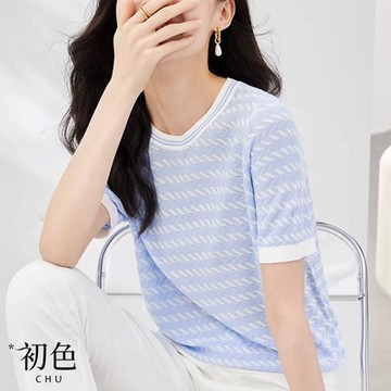 初色  冰絲涼爽寬鬆透氣撞色條紋短袖圓領薄針織T恤上衣-共3色-69586(F可選)