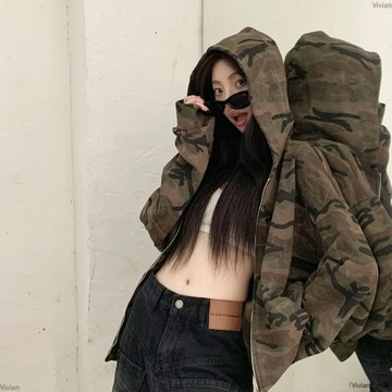 美式復古迷彩拉鏈開衫連帽衛衣女秋冬季寬鬆保暖休閒百搭外套