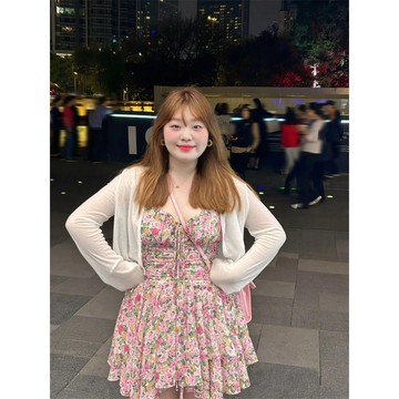 【吉野姐姐】L-4XL 大碼女裝 甜美吊帶連衣裙 夏季氣質顯瘦碎花吊帶裙+防曬開衫兩件套 短裙 碎花洋裝 大尺碼洋裝