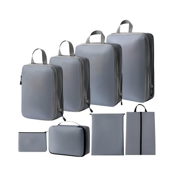 壓縮衣物收納袋/旅行衣物收納袋/雙層拉鏈收納袋8件組-灰色  灰色  衣物包L-30 x 10 x 40cm + 衣物包M-25 x 10 x 35cm + 衣物包S-20 x 10 x 30cm + 鞋袋-42 x 25cm + 內衣包-29 x 12 x 20cm + 平口袋