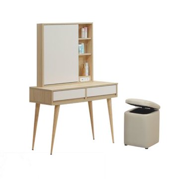 文創集 愛楓木3尺開門鏡面鏡台/化妝台組合(含可收納皮革化妝椅)-90x45x152-cm免組